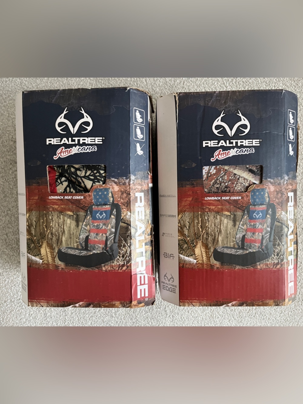 Realtree Americana Seat Covers in Red, Blue, Black Accents - Set of 2